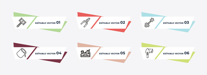 sledge hammer, plier, antique key, open paint bucket, jack plane, trowel outline icons. editable vector from construction tools concept.