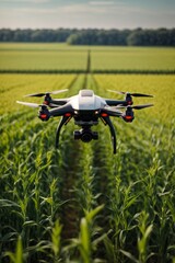 Drone quadcopter with digital camera flying over a corn field