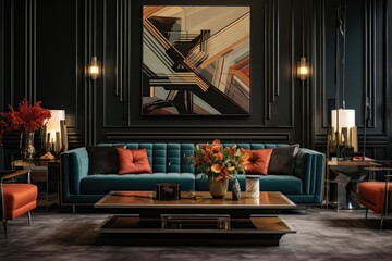 wide shot of a living room with an art deco sofa and coffee table