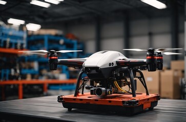 Fototapeta premium Drone quadcopter with digital camera in warehouse. Modern technology and innovation concept