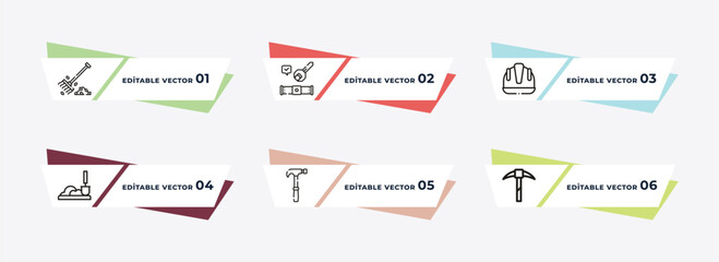 gardening rake, plumbing pipes, construction works, working shovel, brick hammer, pick axe outline icons. editable vector from construction tools concept.