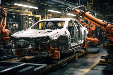 a robotic arm working on a car chassis in an assembly line - obrazy, fototapety, plakaty