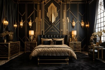 a lavish art deco bedroom with a gold and black color scheme