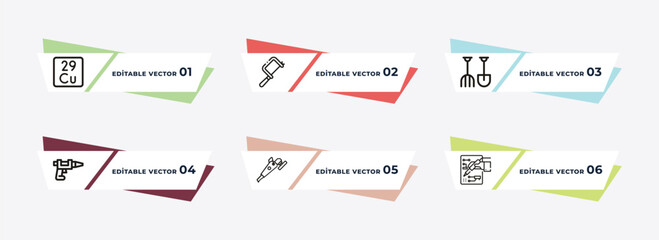 copper, metal saw, shovel and fork, caulk gun, sanding hine, iron soldering outline icons. editable vector from construction and tools concept.