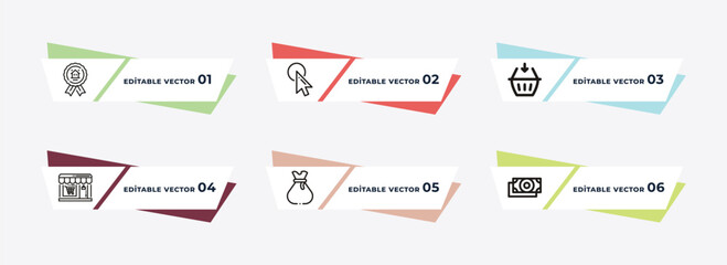 house badge, black pointer, add to cart, shopping store, full money bag, american dollar outline icons. editable vector from commerce concept.