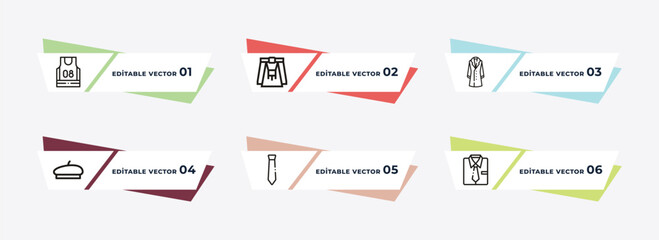 basketball jersey, kilt, trouser, beret, cravat, chemise outline icons. editable vector from clothes concept.