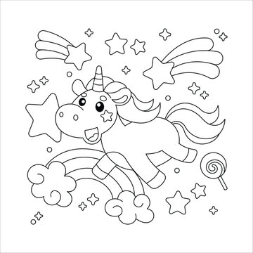 Unicorn eating ice cream coloring page illustration