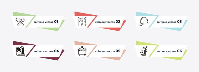 plunger, washing clothes, tap, hoover, dumpster, shampoo outline icons. editable vector from cleaning concept.