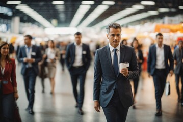 Portrait of a handsome young businessman walking in a exhibition center. - obrazy, fototapety, plakaty