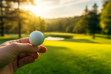 Close up golf ball in hand with green plants background. Golf sport ideas and background - obrazy, fototapety, plakaty