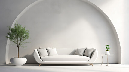 Fototapeta na wymiar Curved white sofa in room with arch, minimalist interior