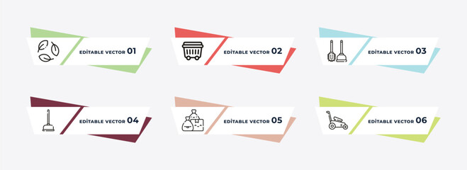 leaves, wiping trash container, toilet brush cleanin, plunger cleanin, trash cleanin, lawn mower outline icons. editable vector from cleaning concept.