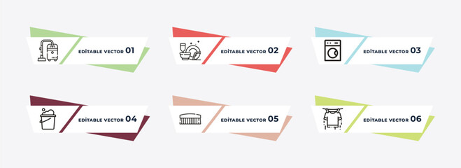 wiping vacuum tool, washing cleanin, washing hine cleanin, bucket cleanin, brush hanger outline icons. editable vector from cleaning concept.