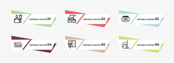 dustpan cleanin, faucet cleanin, dry, wiping brush, clean window, floor cleaner outline icons. editable vector from cleaning concept.