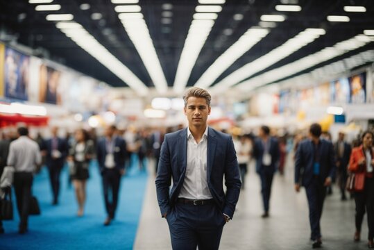 Portrait of a handsome young businessman walking in a exhibition center.
