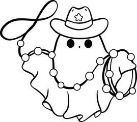 Christmas Cowboy Ghost outline, Kawaii cartoon hand drawing