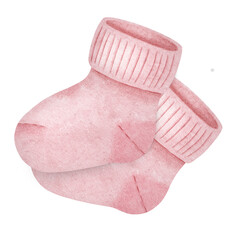 Pair of baby's socks for girls. Cute pink booties for infant girl. Newborn clothes. Watercolor illustration. Isolated invitations, baby shower, greeting cards, prints, posters, stickers, packaging