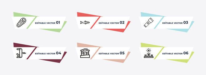 sleeping bag, sardine, flashlight, swiss army knife, lodge, camp table outline icons. editable vector from camping concept.