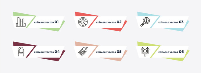 column chart, spider chart, dollar business search, nails, sale tag, two way arrows outline icons. editable vector from business concept.