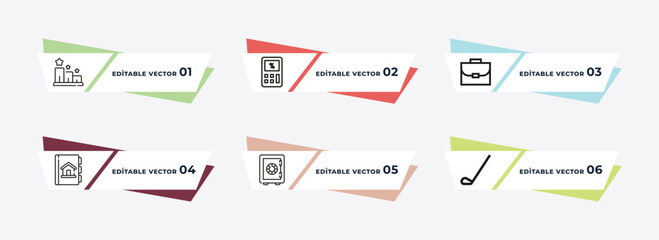 ranking factor, target, briefcase, address book, safe money, golf sticks outline icons. editable vector from business concept.