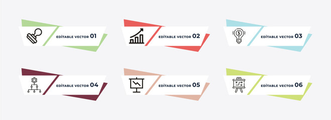 rubber stamp, graphic arrow, ideas to earn money, hierarchical order, graphic panel, tactic outline icons. editable vector from business concept.