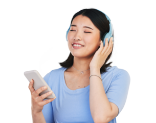 Smile, headphones and woman or song, phone and streaming radio or isolated on transparent png background. Happy asian person, connection and hearing audio or music, playlist and sound on smartphone