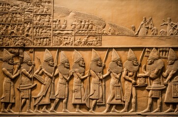 Ancient Assyrian relief sculpture of ancient warriors. Historical artifact monument carved artwork. Generate ai