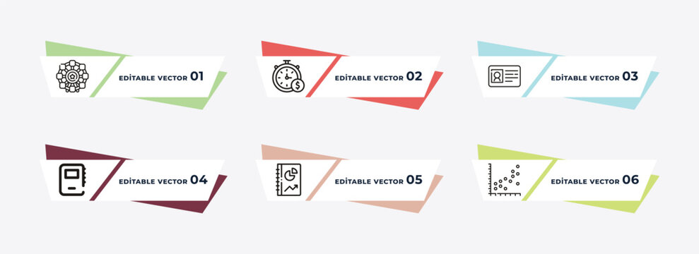 ferris wheels, dollar on business time, club card, story, profit report, scatter chart outline icons. editable vector from business concept.