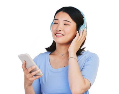 Smile, headphones and woman or song, phone and streaming radio or isolated on transparent png background. Happy asian person, connection and hearing audio or music, playlist and sound on smartphone - Powered by Adobe