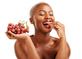 Happy black woman, eating or grapes for skincare, health or diet nutrition for hydration, beauty or...