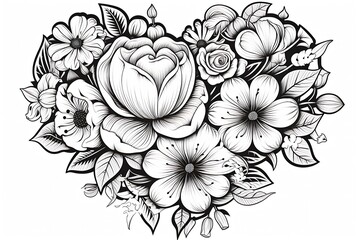 Generative AI : Monochrome Floral Composition in Heart Shape. Hand Drawn Ornament with Flowers. - obrazy, fototapety, plakaty