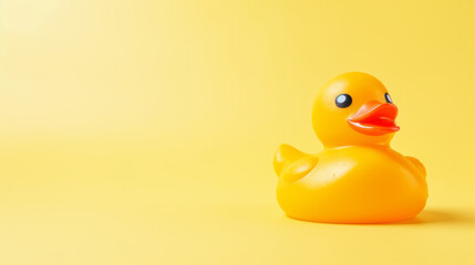 Cute little yellow rubber duck. Fun toy for baby against the background