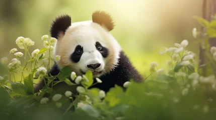 Poster Im Rahmen Cute panda animal on natural background © standret