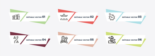 train to the airport, landing runway, sunny day, road cone, baggage scale, direction post outline icons. editable vector from airport terminal concept.