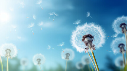 Dandelion develops in the wind. Close up view, blue sky
