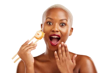  Face, surprise and woman with chopsticks for sushi, healthy eating and beauty with nutrition food. Black person, model and deal with glow for seafood lunch and isolated on transparent png background © Harsh/peopleimages.com