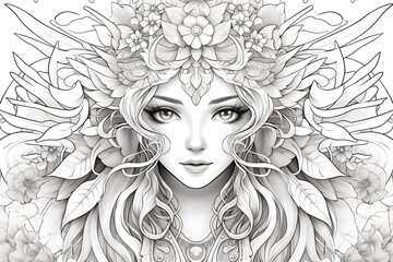 Generative AI : Fairy adults coloring page line art