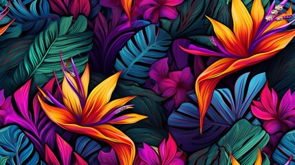 Generative AI : Jungle leaves, bird of paradise flower. Beautiful seamless vector floral pattern background, exotic print - obrazy, fototapety, plakaty