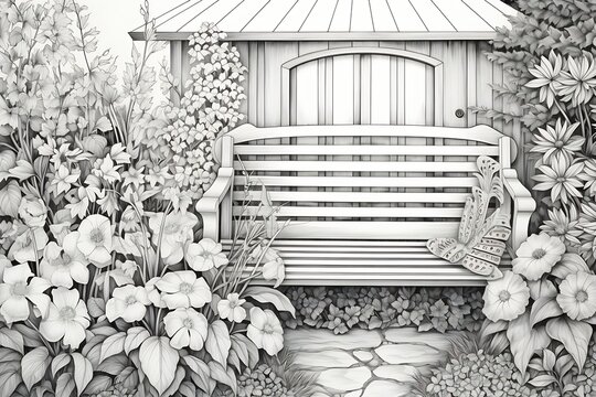 Generative AI : Coloring page for adults garden bench in cottage garden