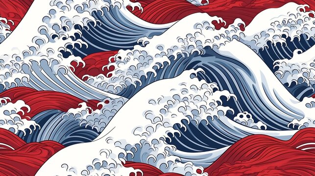 Generative AI : Great Japan oriental wave line art style illustration isolated on white background.