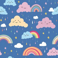 Generative AI : Seamless pattern with cloud and rainbow in the sky