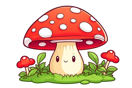 Generative AI : cute mushroom in cartoon style, simple coloring book page,