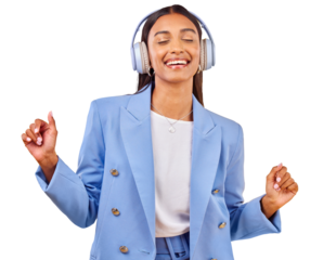 Isolated business woman, headphones and dance with thinking, music and listen by transparent png background. Excited entrepreneur, audio streaming subscription and dancer with ideas, memory or radio