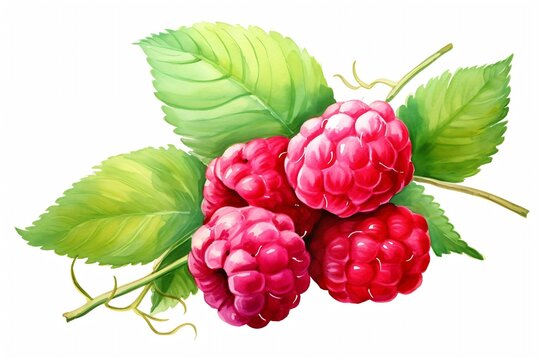 Generative AI : Hand drawn watercolor painting raspberry on white background.