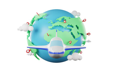 World map and plane 3D rendering on transparent background, World planet, world tour, green globe , world tour and check-in 3D rendering. png file.