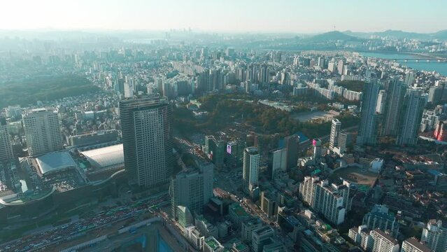 Drone View of Seoul city in South Korea, Gangnam road 60fps, Autumn