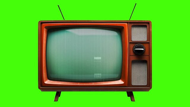 Vintage television with broken screen, no signal on green screen background