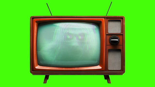 Vintage television screen with ghost on green screen background. Halloween and horror decoration concept.