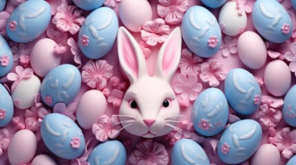 Top view close up Indigo easter eggs with pink bunnies 3D , clay, cartoon art white soft blue background, superrealism, ultra realistic, hyper realistic, ultra detailed rendering background - obrazy, fototapety, plakaty