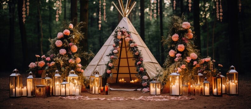 Bohemian tipi arch adorned with candles flowers and fairy lights nestled in a pine forest for an outdoor wedding - Powered by Adobe